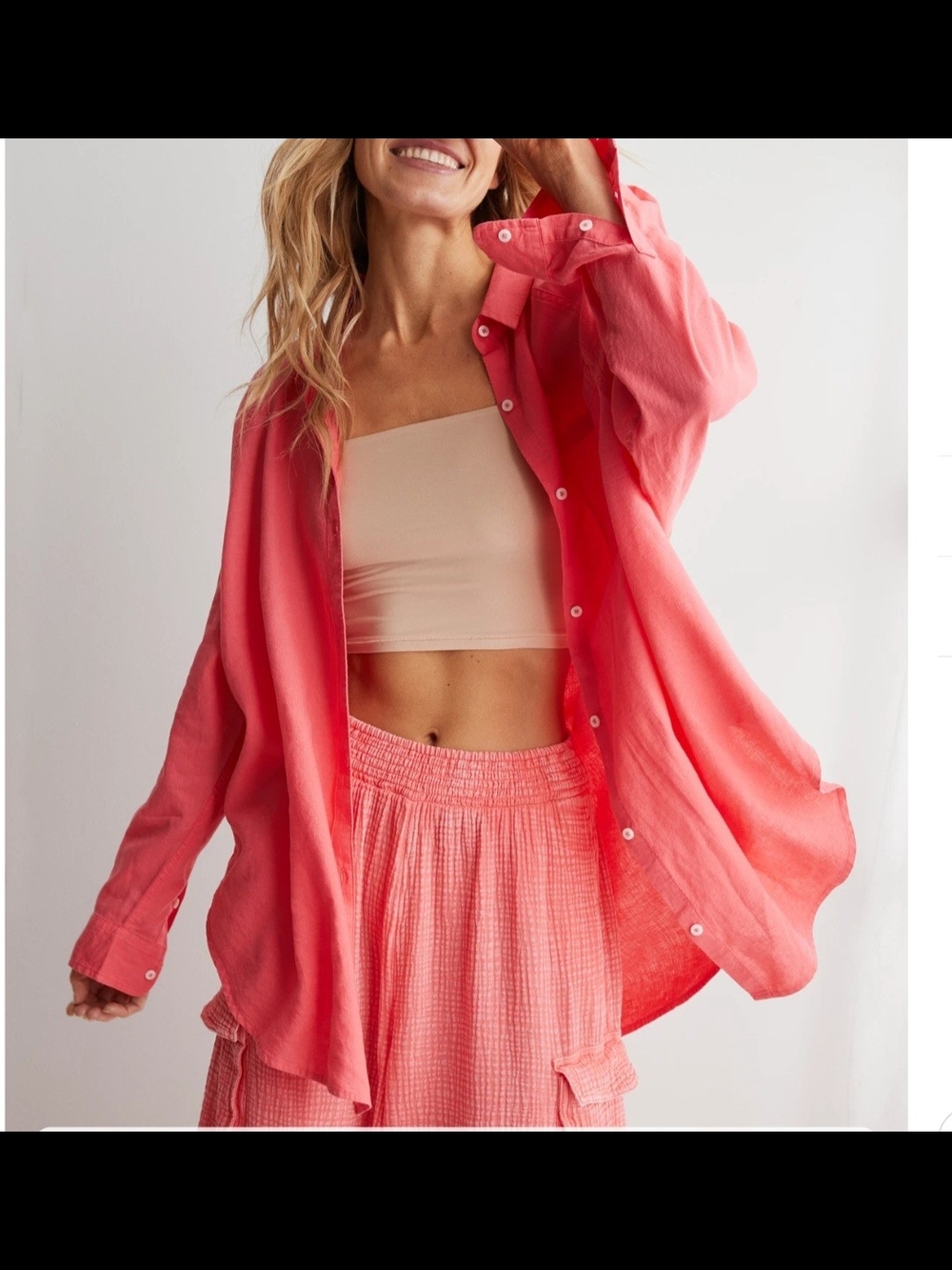 Aerie Haute Coral Linen Blend Button Up Shirt Beach Coverup Pool to Party XXS